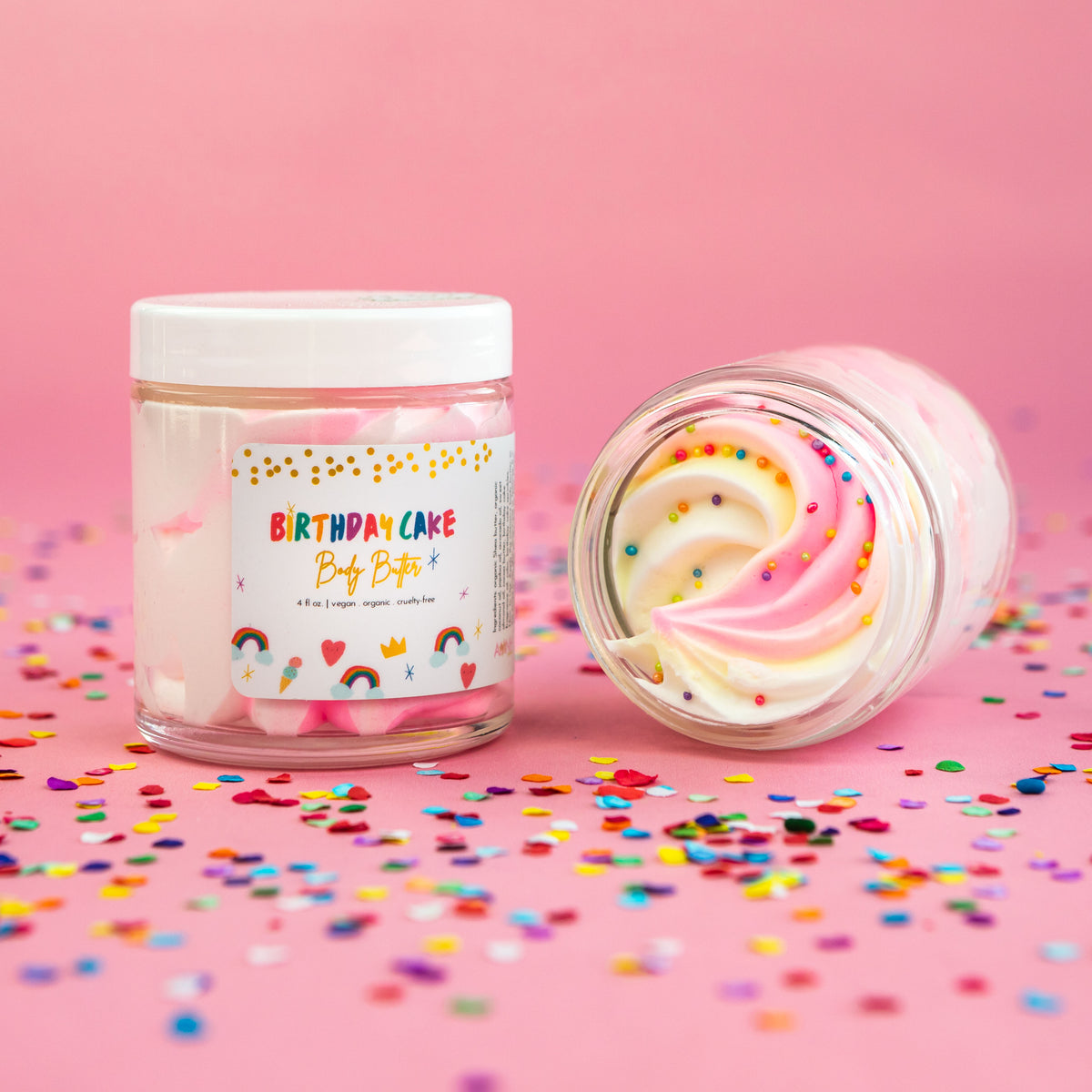 Enjoy this 4 oz jar of Birthday Cake Body Butter that is organic, vegan, and cruelty free for your bath time pleasure! You&#39;ll feel like it&#39;s your birthday with every use